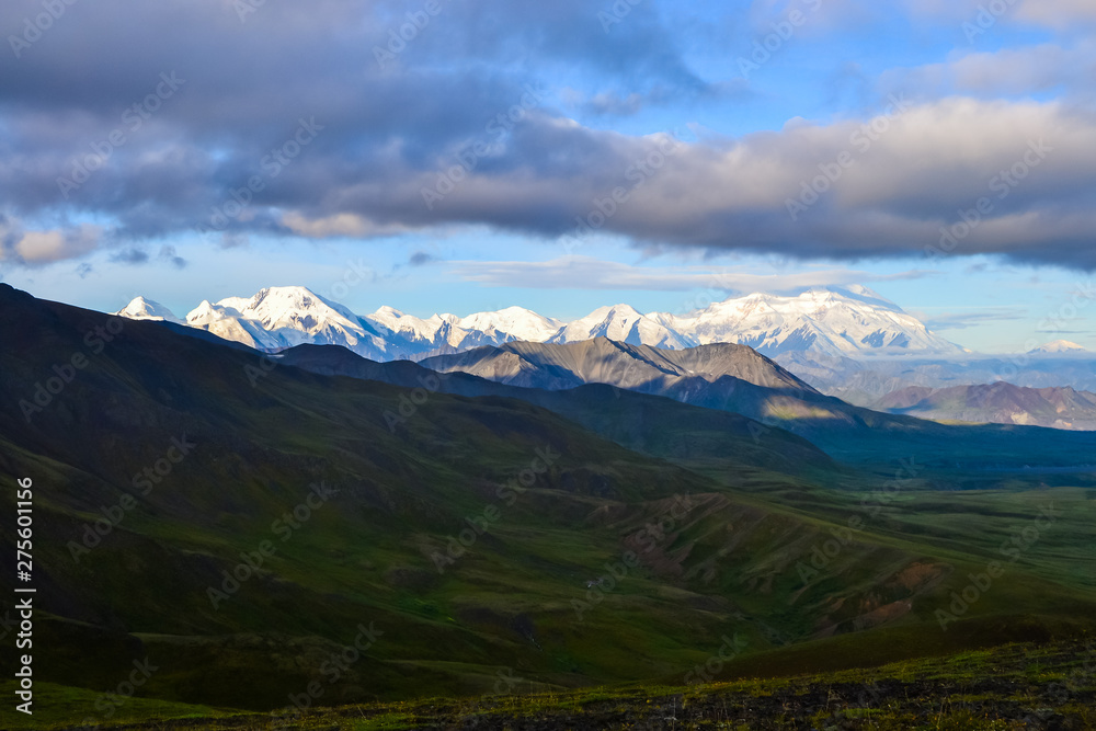 Morning view of Mount Denali - mt Mckinley peak during golden hour from Stony Dome overlook. Denali National Park