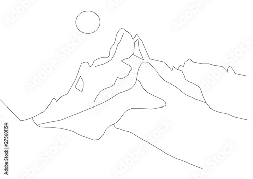 Sketch of mountains silhouette - with moon / sun  above