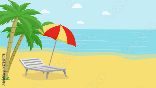 Tropical island relax vector illustration. Seascape with exotic palm trees, beach umbrella and deck chair. Seaside resort recreation, summertime leisure on beach, coast, paradise on earth