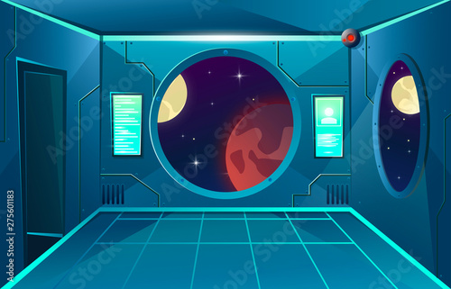 Fototapeta Naklejka Na Ścianę i Meble -  Porthole on hallway in spaceship with door. Moon and mars planet in viewport. Futuristic interior room. Background for games and mobile applications. Vector cartoon background
