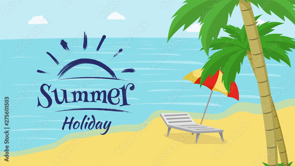 Fototapeta premium Summer recreation flat vector banner. Seaside resort promo with blue brush stroke sun symbol, logo. Summertime vacation, relax on beach with palm trees, travel agency advert poster layout