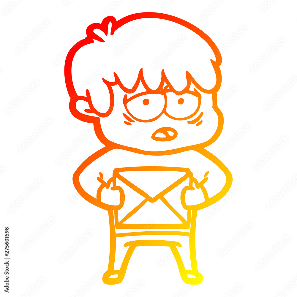warm gradient line drawing cartoon exhausted boy with letter warm gradient line drawing cartoon exhausted boy with letter