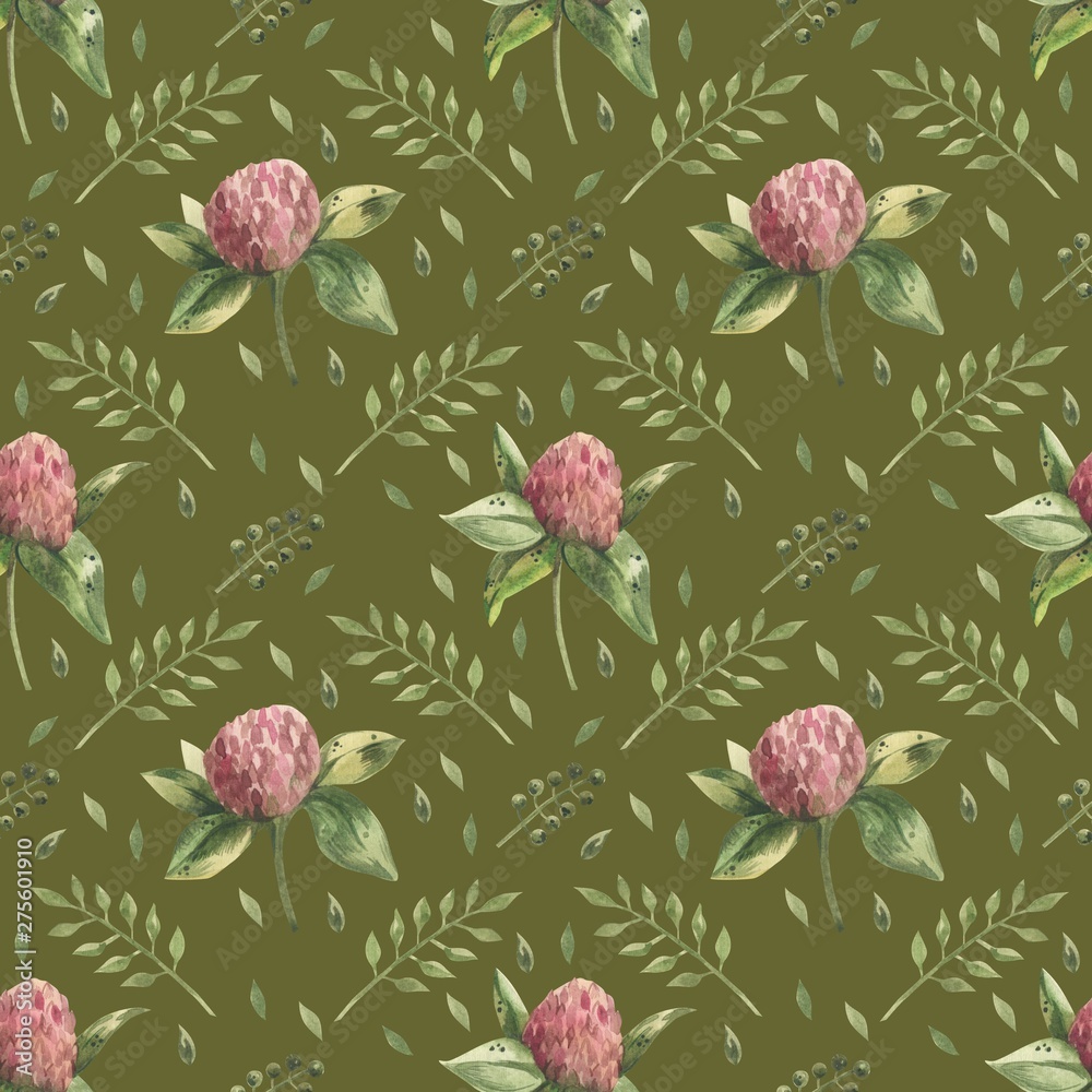 Beautiful seamless background with flowers and clover leaves using ladybugs and field herbs. Good luck symbols. Can be used as a background template for Wallpaper, printing on fabrics, etc.
