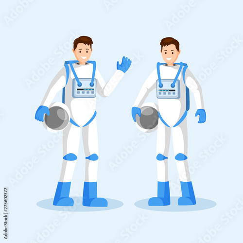 Male cosmonauts flat vector illustration. Smiling astronauts team, two men in spacesuits waving hand and holding helmets cartoon characters. Space mission, universe exploration isolated
