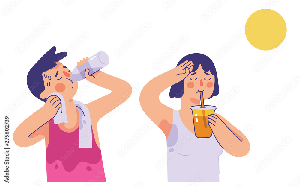 vector illustration young man and woman drinking water and orange juice