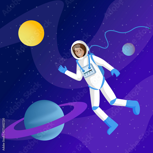 Male astronaut in outer space illustration. Interstellar traveler, cosmonaut in spacesuit floating in cosmos cartoon vector character. Saturn solar system planet, sun in cosmic sky