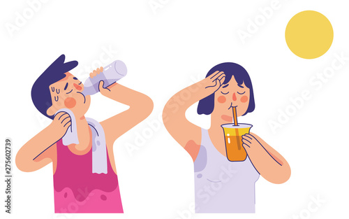 Canvas-taulu vector illustration young man and woman drinking water and orange juice in very