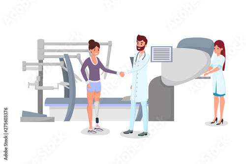 Modern prosthetics flat vector illustration. Happy doctor, surgeon and woman with artificial limb characters. Successful surgery, prosthesis installation, patient and physician shaking hands