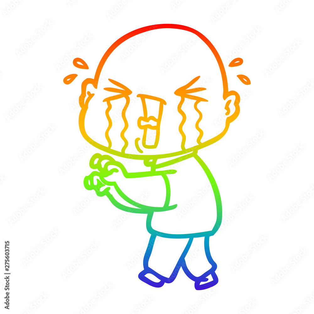 rainbow gradient line drawing cartoon crying bald man