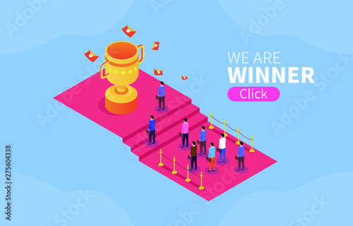 Successful team, trophy, business people walk the red carpet, chase victory