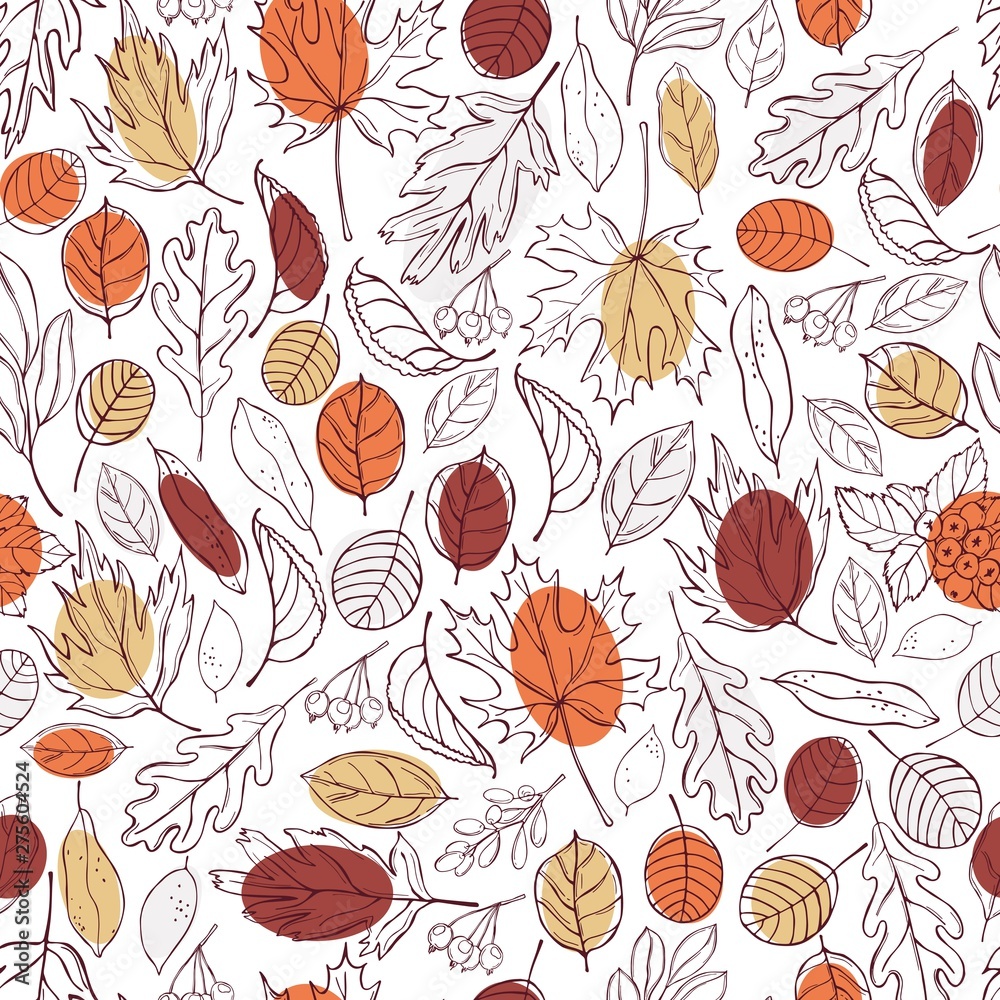 Hand drawn autumn leaves and berries. Vector seamless pattern. Hand drawn autumn leaves and berries. Vector seamless pattern.