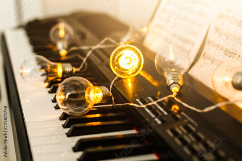 Photography Synthesizer, piano, piano keys close-up, blurred background, colorful bokeh, mus