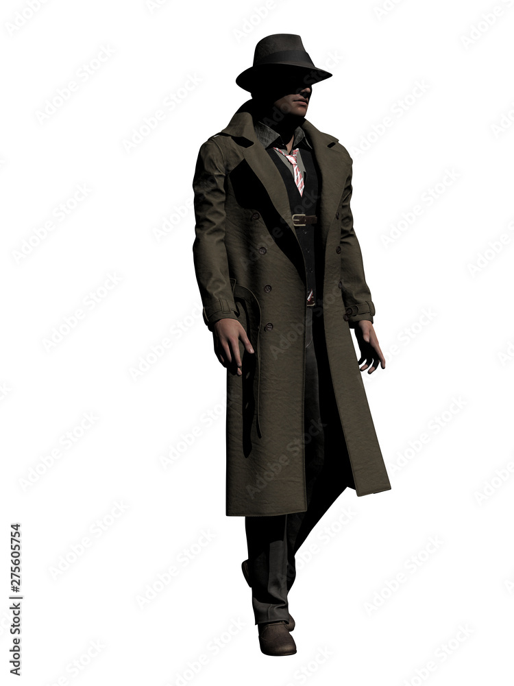 Detective in Trench Coat walks along 3d-Illustration