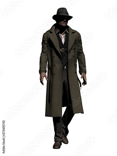 Detective in Trench Coat walks along 3d-Illustration