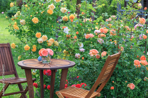 Romantic sitting area in the rose garden, round wooden table and chairs near the large flowering bushes of English roses photo