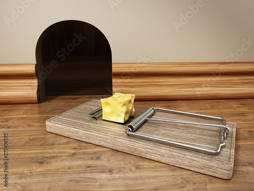 Mouse trap with a piece of cheese standing in front of the mouse hole. 3D illustration photo