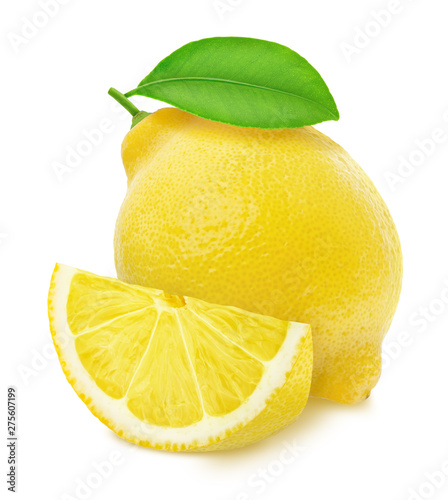 Whole lemon with slice isolated on white background.