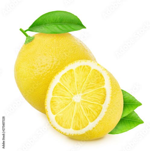Whole and halved lemons isolated on white background.