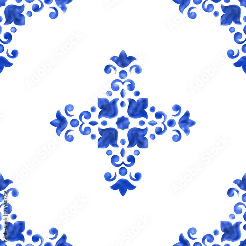 Watercolor delft blue seamless pattern