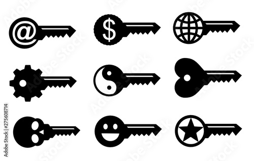Vector collection of 9 conceptual key related icons isolated on white background