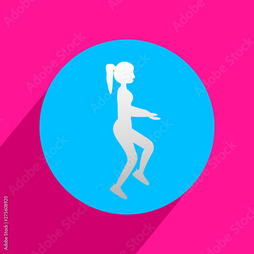 Fit young woman doing exercises for body warming. Icon with long shadow and flat vector symbol.