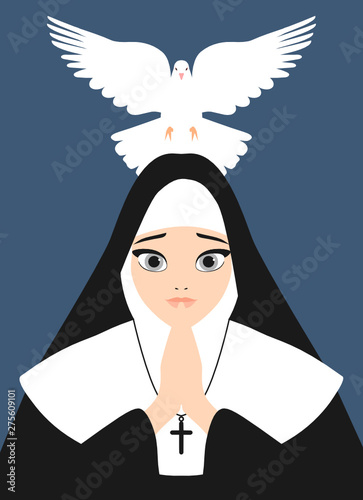 Vector portrait of a beautiful catholic nun praying with a white dove representing the holy ghost flying over her head