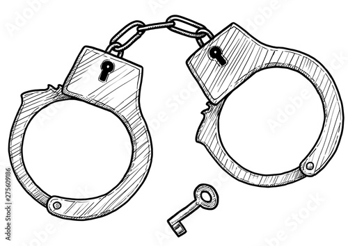 handcuffs illustration, drawing, engraving, ink, line art, vector