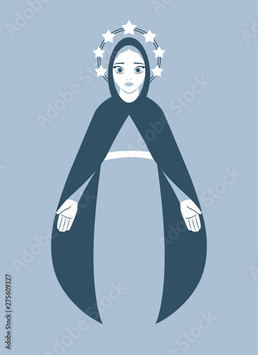 Vector portrait illustration of virgin Mary made in modern flat blue bichromatic style
