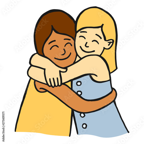 Cartoon style vector illustration of two young girls friends hugging and smiling