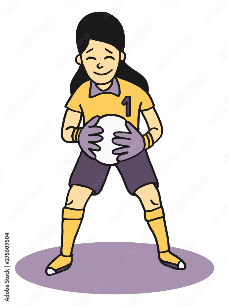 Vector cartoon style illustration of a happy girl playing soccer and holding a ball with goalkeeper gloves