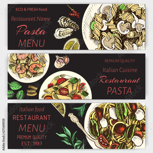 Vector illustration sketch - pasta. Card menu italian restaurant. Banner italan food.