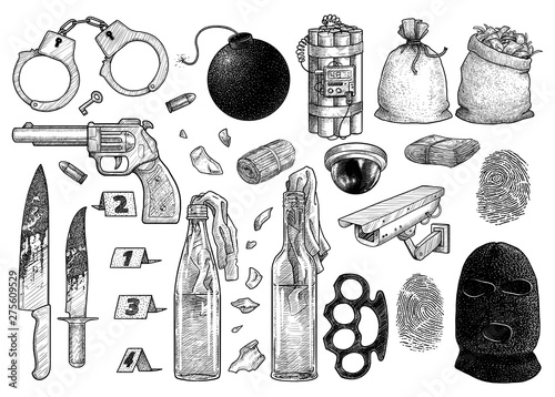 Crime collection illustration, drawing, engraving, ink, line art, vector