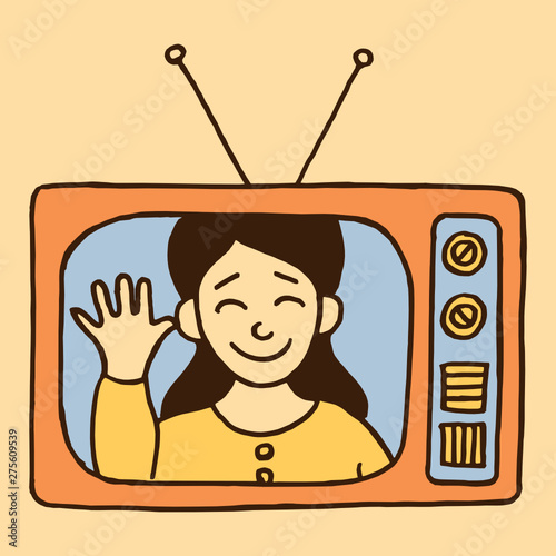 Vector flat and simple style illustration of a little nice girl inside a vintage television screen