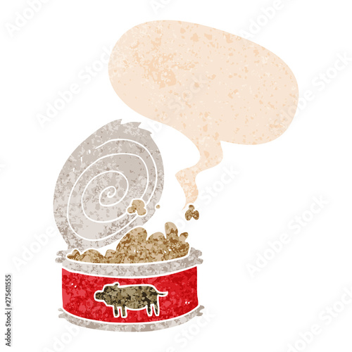 cartoon canned food and speech bubble in retro textured style
