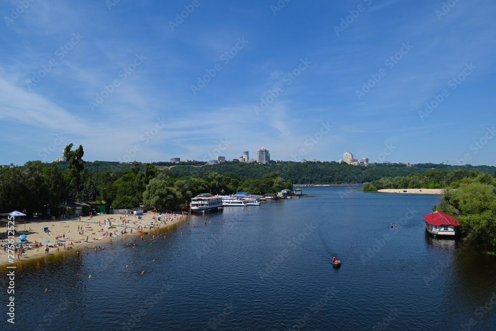 Top view of the river forest and beach in the city. Landscape summer.