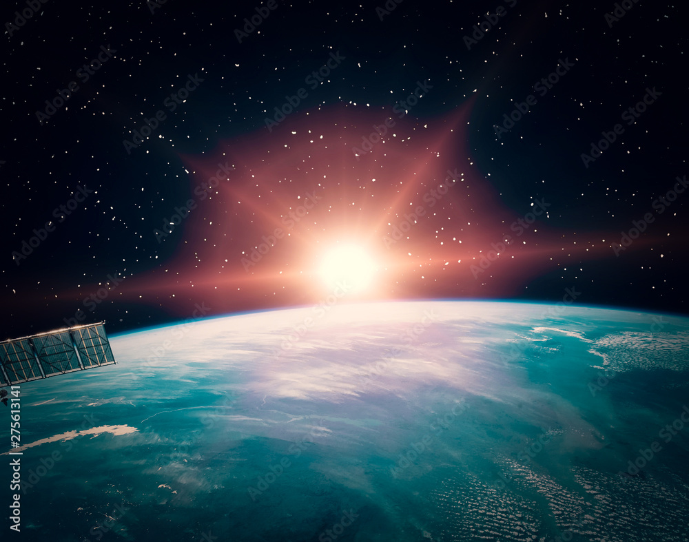 Sunflare and the earth from space. The elements of this image furnished by NASA.