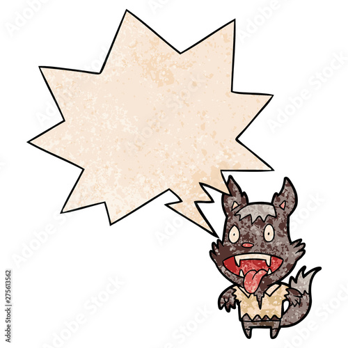 cartoon halloween werewolf and speech bubble in retro texture style