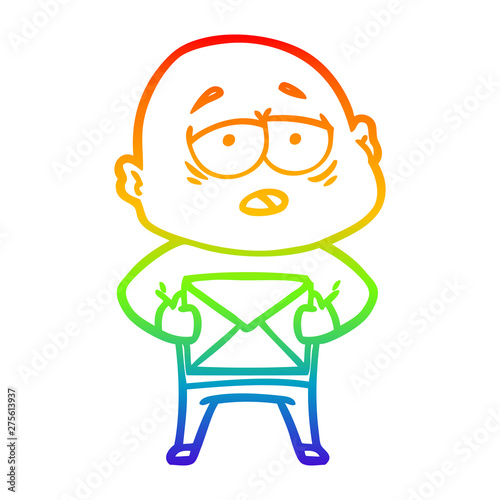 rainbow gradient line drawing cartoon tired bald man