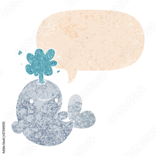 cartoon whale spouting water and speech bubble in retro textured style