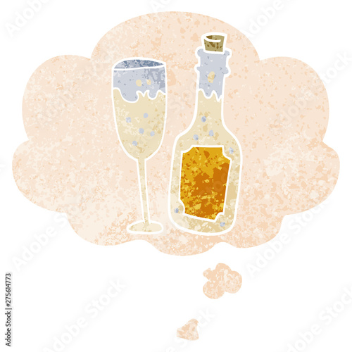 cartoon champagne bottle and glass and thought bubble in retro textured style