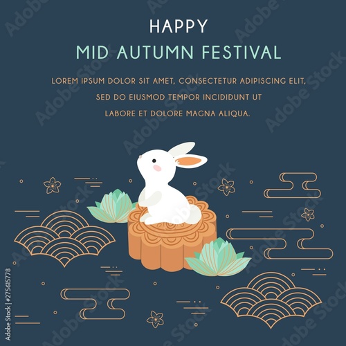 Mid autumn festival with Rabbit and Abstract Elements. Chuseok / Hangawi Festival. Thanksgiving Day, Chinese Cloud, Lotus, Cherry Bloom, Moon Cakes Vector - Illustration
