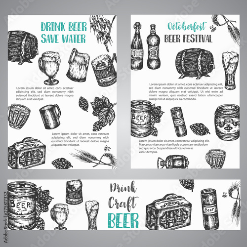 Beer hand drawn illustration Set of brochures with collection of vintage brewery sketched vector symbols October fest banner