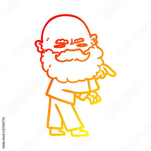 warm gradient line drawing cartoon man with beard frowning and pointing