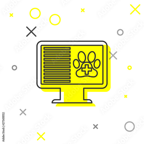 Grey Medical clinical record pet on monitor line icon isolated on white background. Health insurance form. Prescription, medical check marks report. Vector Illustration