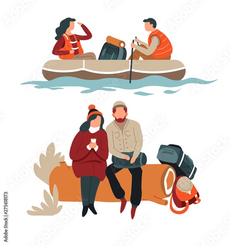 Couple hiking hikers in boat and sitting on log camping and rafting