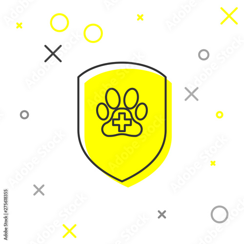 Grey Animal health insurance line icon isolated on white background. Pet protection icon. Dog or cat paw print. Vector Illustration