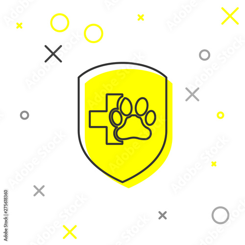 Grey Animal health insurance line icon isolated on white background. Pet protection icon. Dog or cat paw print. Vector Illustration
