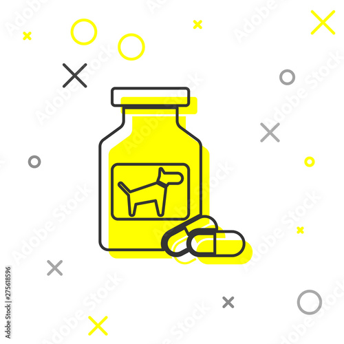 Grey Dog medicine bottle and pills line icon isolated on white background. Container with pills. Prescription medicine for animal. Vector Illustration