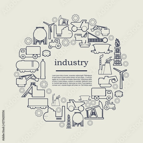 Concept of industrial plant and manufacture building. Energy and power. Energy generation and heavy industry. Brochure, report or cover design template. Circle frame with industrial thin line icons.