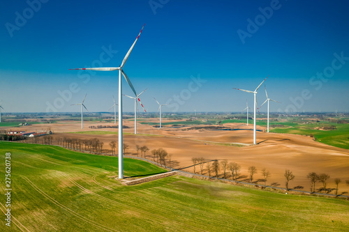 Big wind turbines in a field, Poland from above